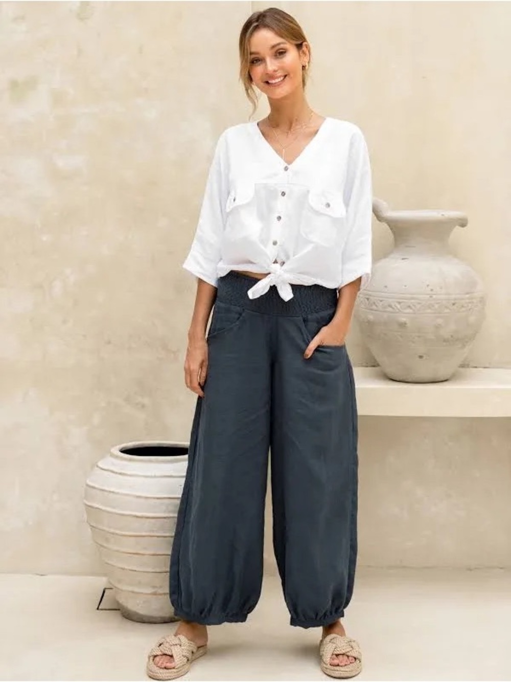 NOMAD The Label Sadhu French Linen Pants in Charcoal Size 18